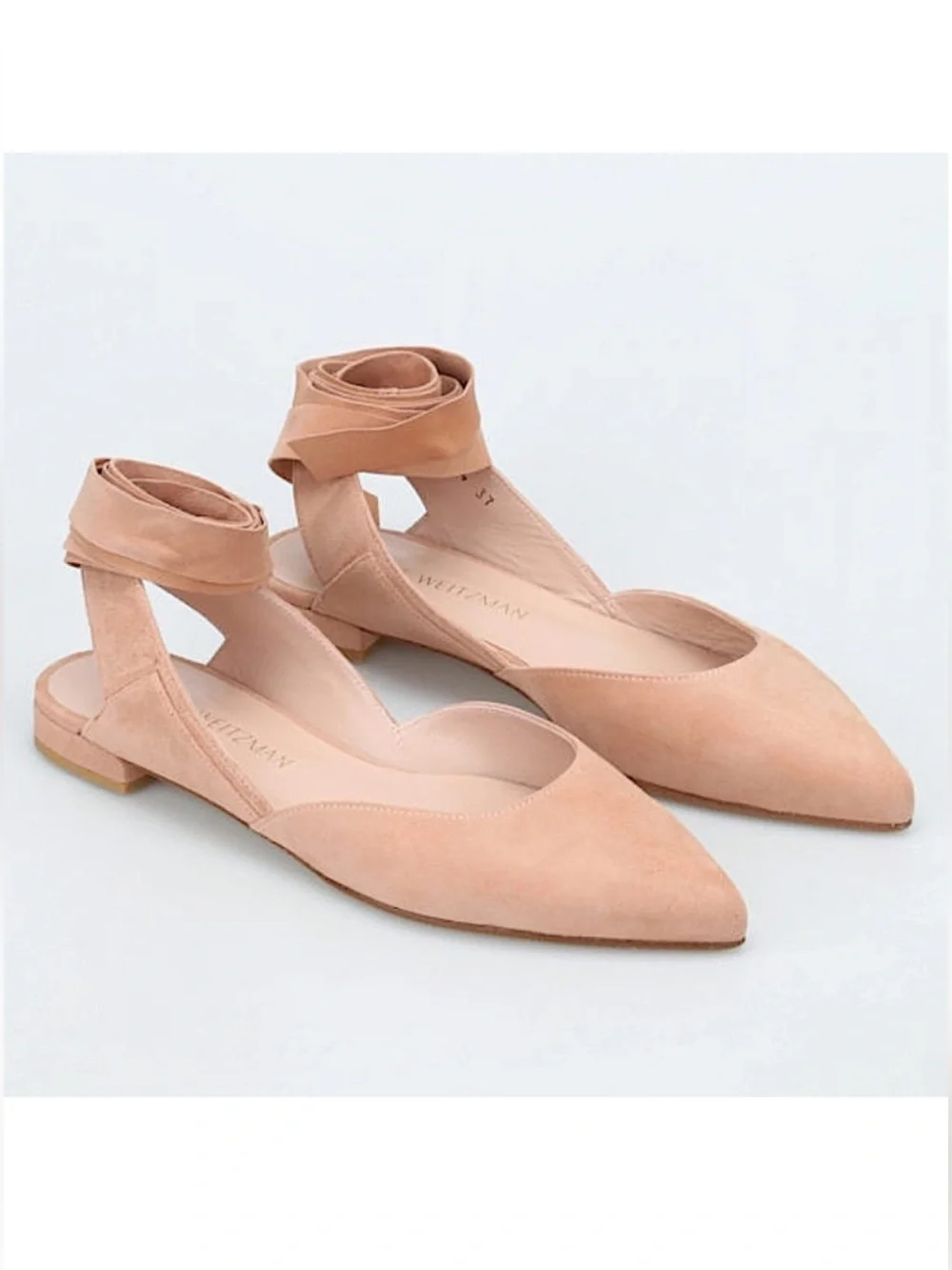 Stuart Weitzman Supersonic Suede Ballet Flats-Pointed Toe Ankle Tie Dusty Pink